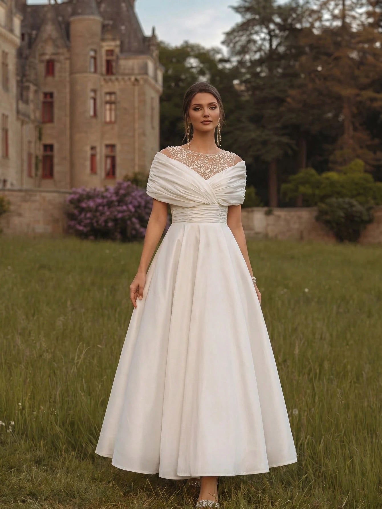 Coutiva Elegant White Summer Silky Wedding Dress,Off-The-Shoulder Pearl-Embellished A-Line Skirt For