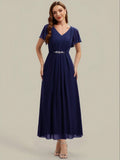 EVERPRETTY Women's Elegant Romantic V-Neck Short Sleeve Ruffle Sleeve Chiffon Evening Dress, Suitable For