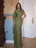 Aloruh Elegant,Summer Olive Green Knitted Fishtail Skirt With Large Ruffled Sleeves,Short Train,Evening
