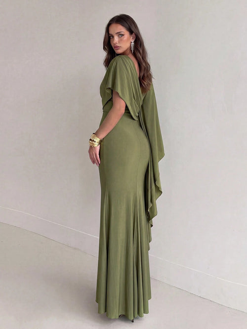 Aloruh Elegant,Summer Olive Green Knitted Fishtail Skirt With Large Ruffled Sleeves,Short Train,Evening - image 2