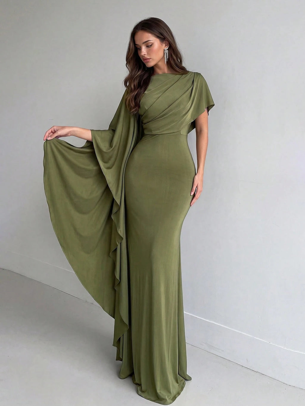 Aloruh Elegant,Summer Olive Green Knitted Fishtail Skirt With Large Ruffled Sleeves,Short Train,Evening - image 3