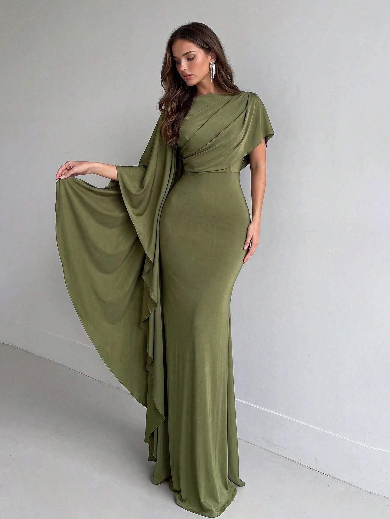 Aloruh Elegant,Summer Olive Green Knitted Fishtail Skirt With Large Ruffled Sleeves,Short Train,Evening - image 3