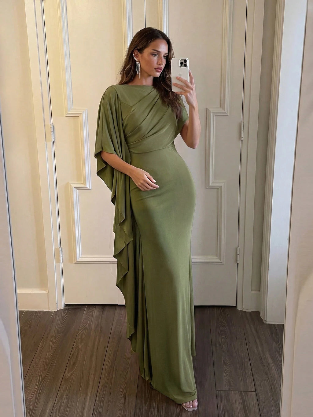 Aloruh Elegant,Summer Olive Green Knitted Fishtail Skirt With Large Ruffled Sleeves,Short Train,Evening - image 5
