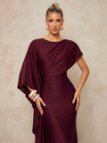 Lumalex Elegant Luxurious Navy Blue Satin Ruffle Sleeve Sexy Slit Fishtail Bridesmaid Dress Wedding
