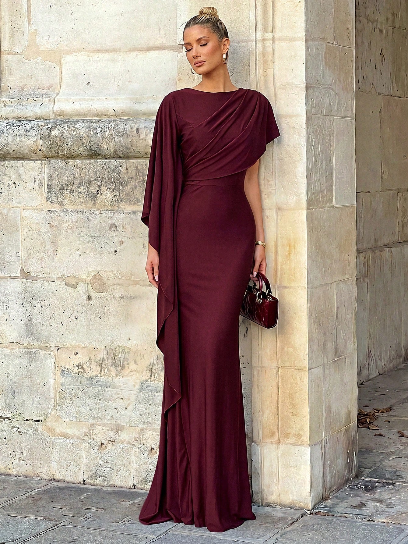 Lumalex Elegant Luxurious Navy Blue Satin Ruffle Sleeve Sexy Slit Fishtail Bridesmaid Dress Wedding - image 2