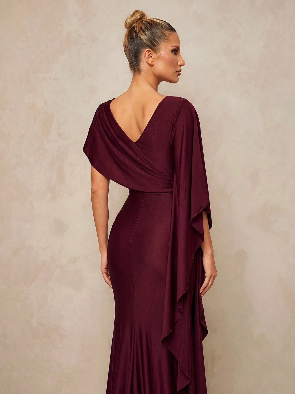 Lumalex Elegant Luxurious Navy Blue Satin Ruffle Sleeve Sexy Slit Fishtail Bridesmaid Dress Wedding - image 3