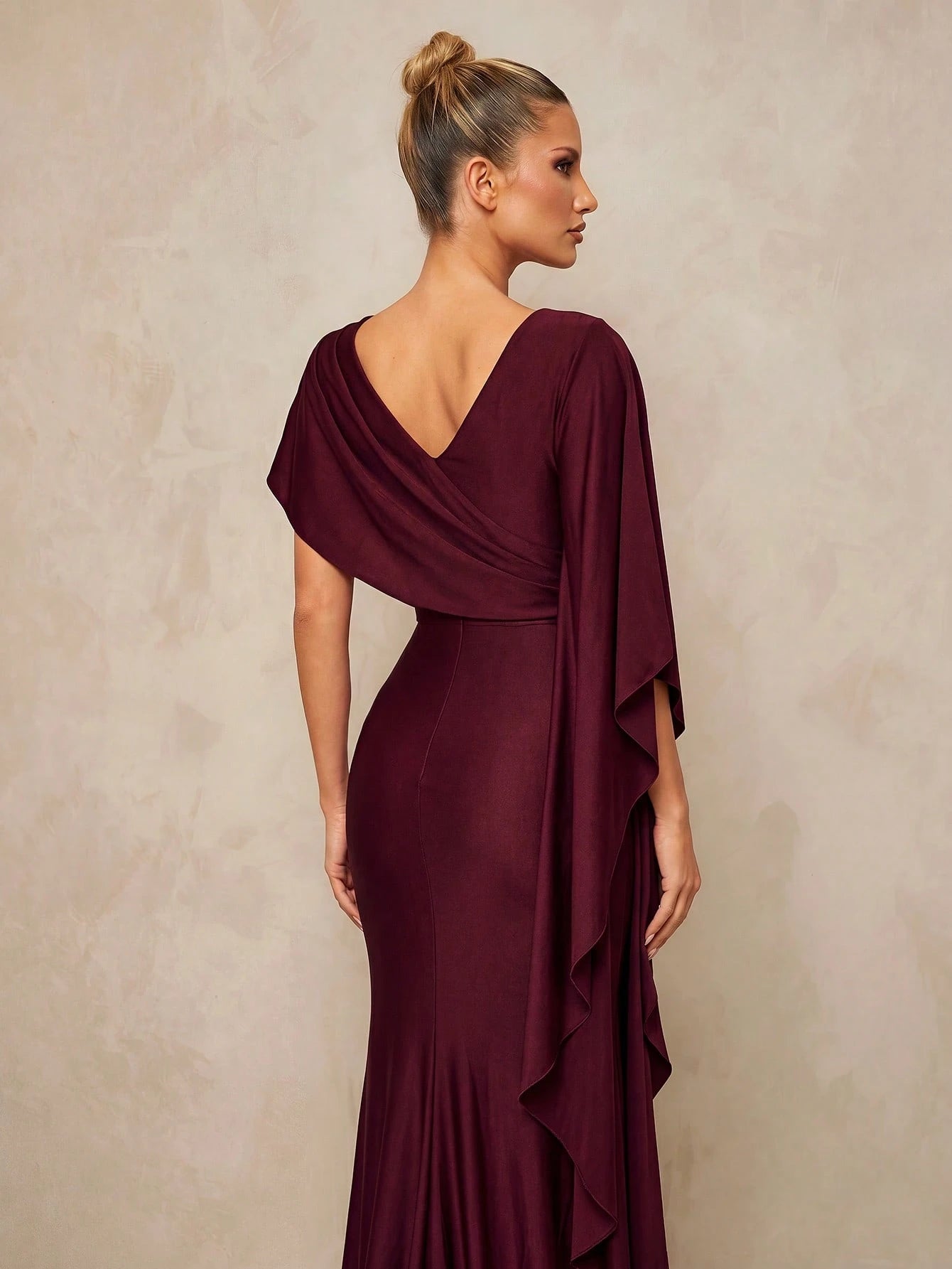Lumalex Elegant Luxurious Navy Blue Satin Ruffle Sleeve Sexy Slit Fishtail Bridesmaid Dress Wedding - image 3