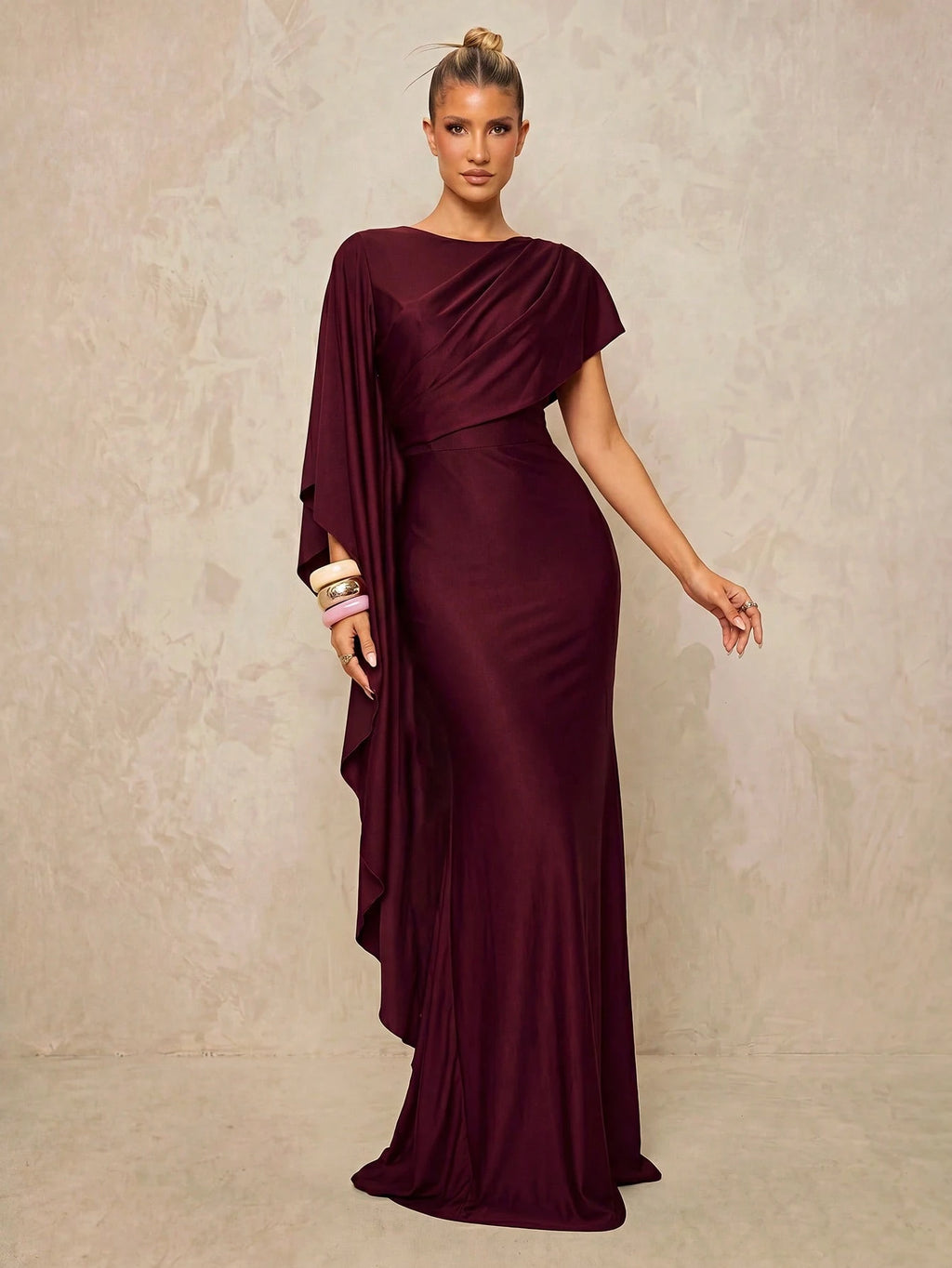 Lumalex Elegant Luxurious Navy Blue Satin Ruffle Sleeve Sexy Slit Fishtail Bridesmaid Dress Wedding - image 4