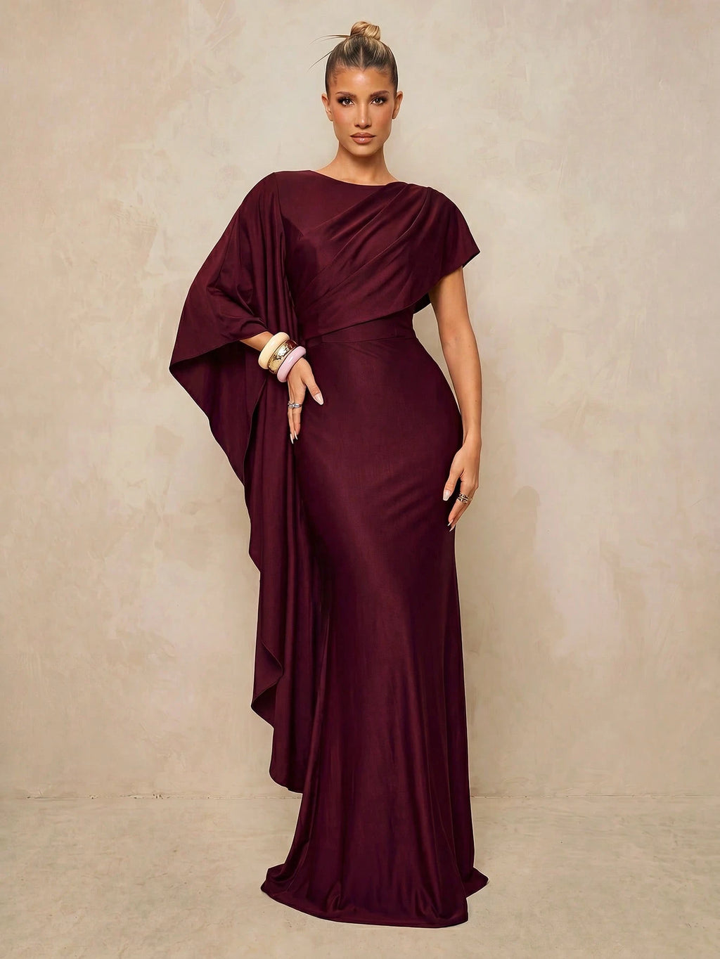 Lumalex Elegant Luxurious Navy Blue Satin Ruffle Sleeve Sexy Slit Fishtail Bridesmaid Dress Wedding - image 5