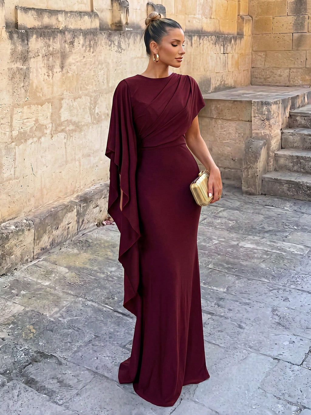 Lumalex Elegant Luxurious Navy Blue Satin Ruffle Sleeve Sexy Slit Fishtail Bridesmaid Dress Wedding - image 6