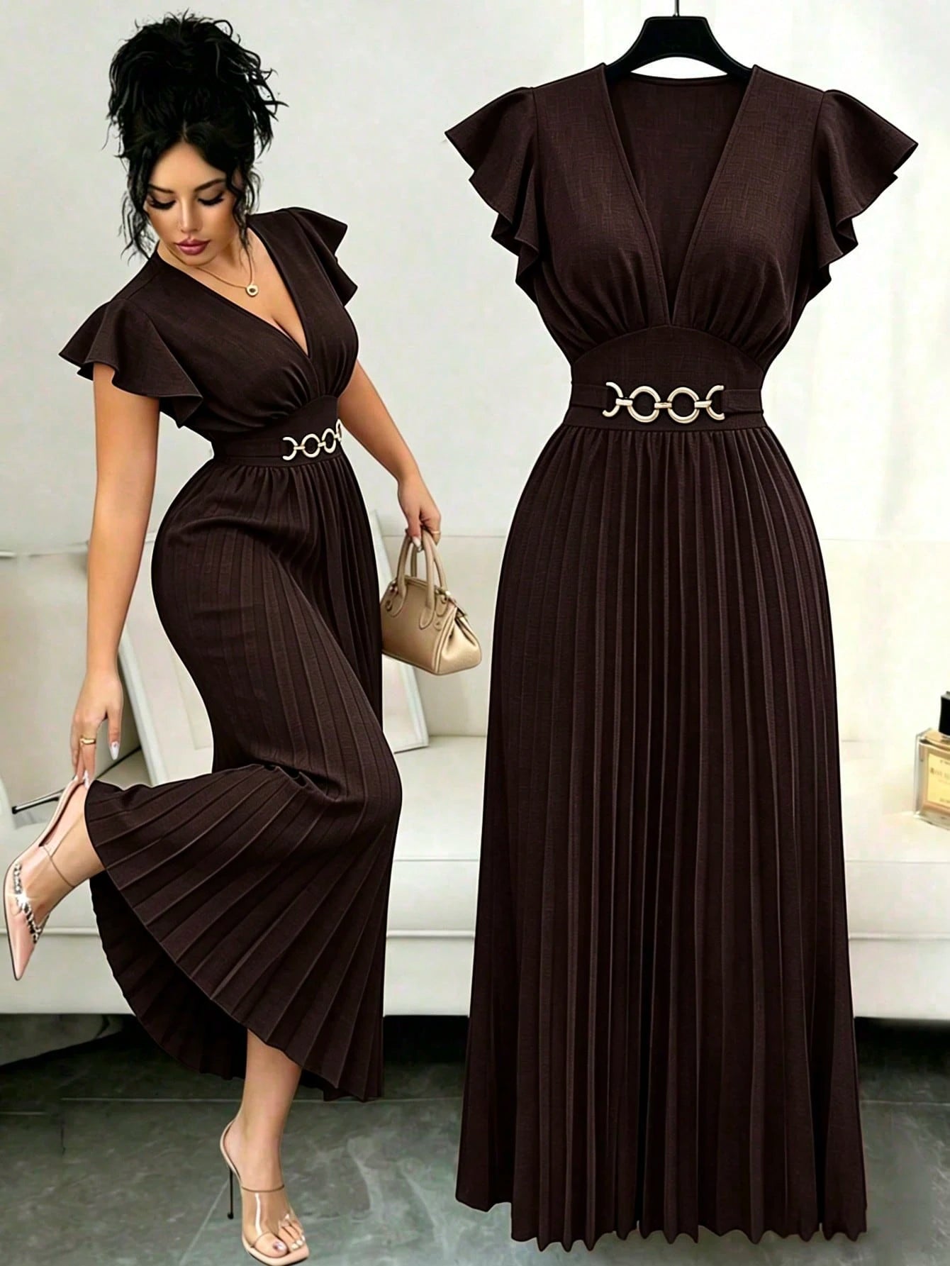 Elenzga New V-Neck Ruffle Sleeve Woven Solid Color Metal Decor