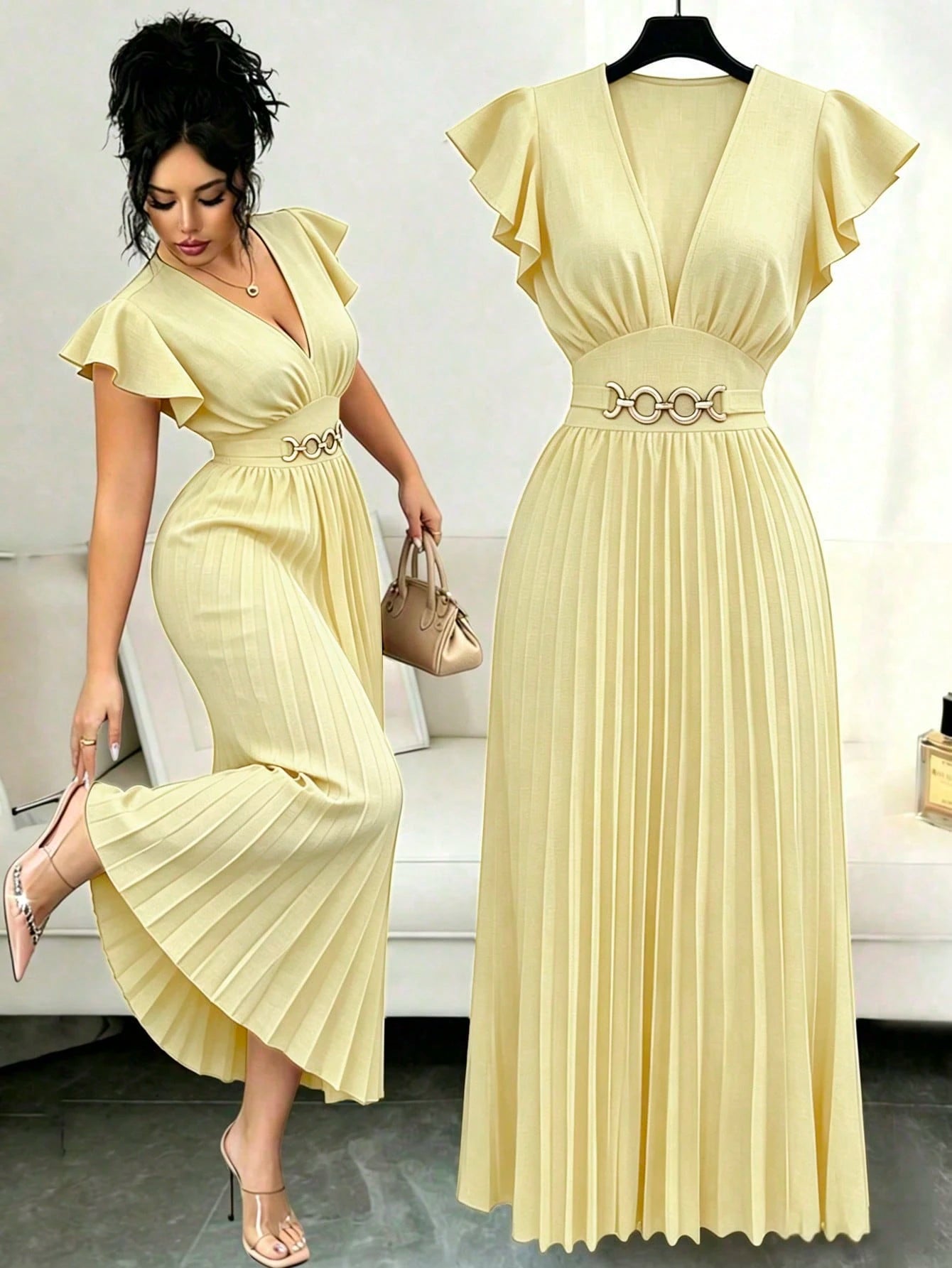 Elenzga New V-Neck Ruffle Sleeve Woven Solid Color Metal Decor