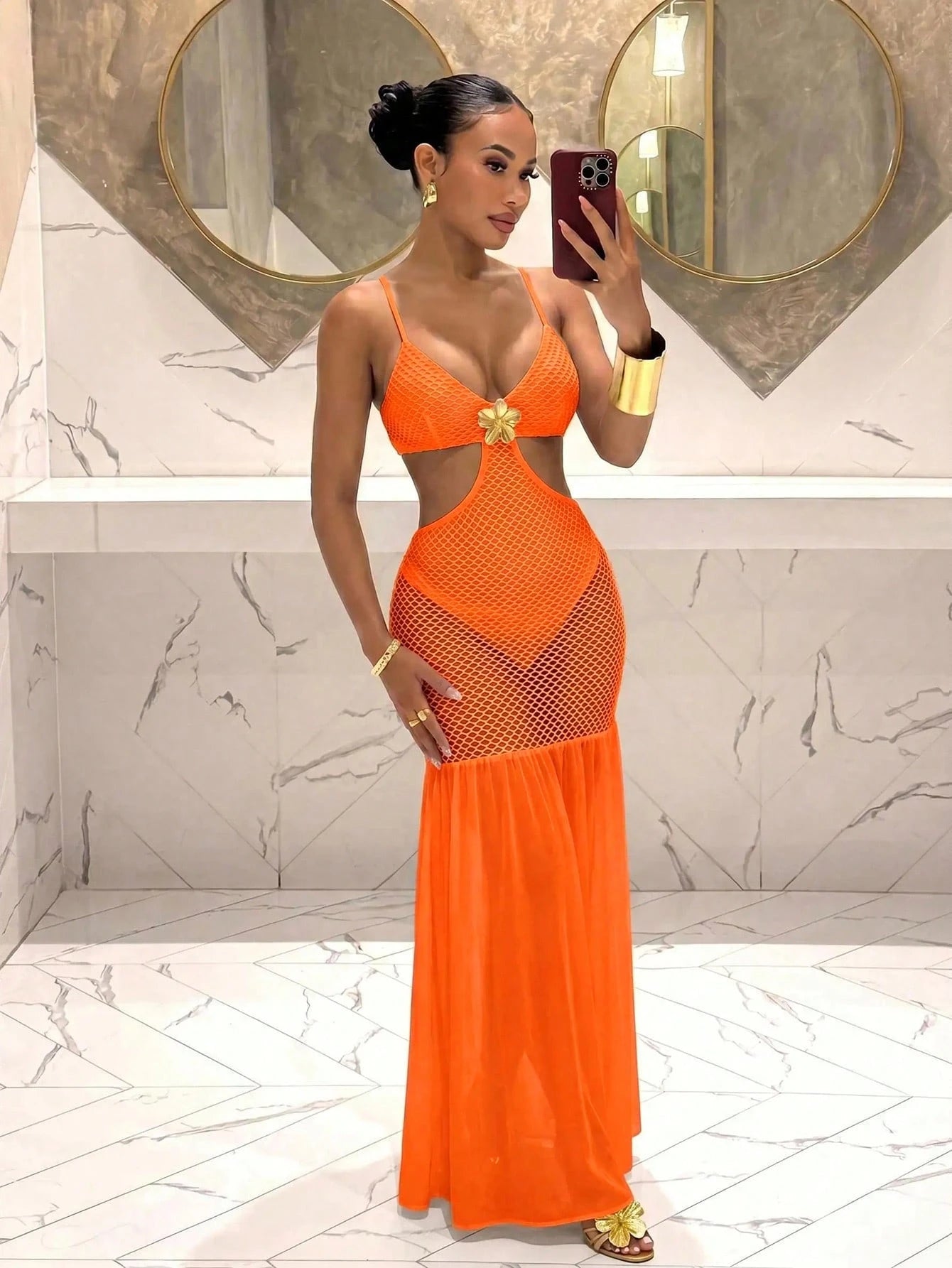 Slaydiva Strapless Deep V-Neck Long-Sleeved Orange Red Dress With
