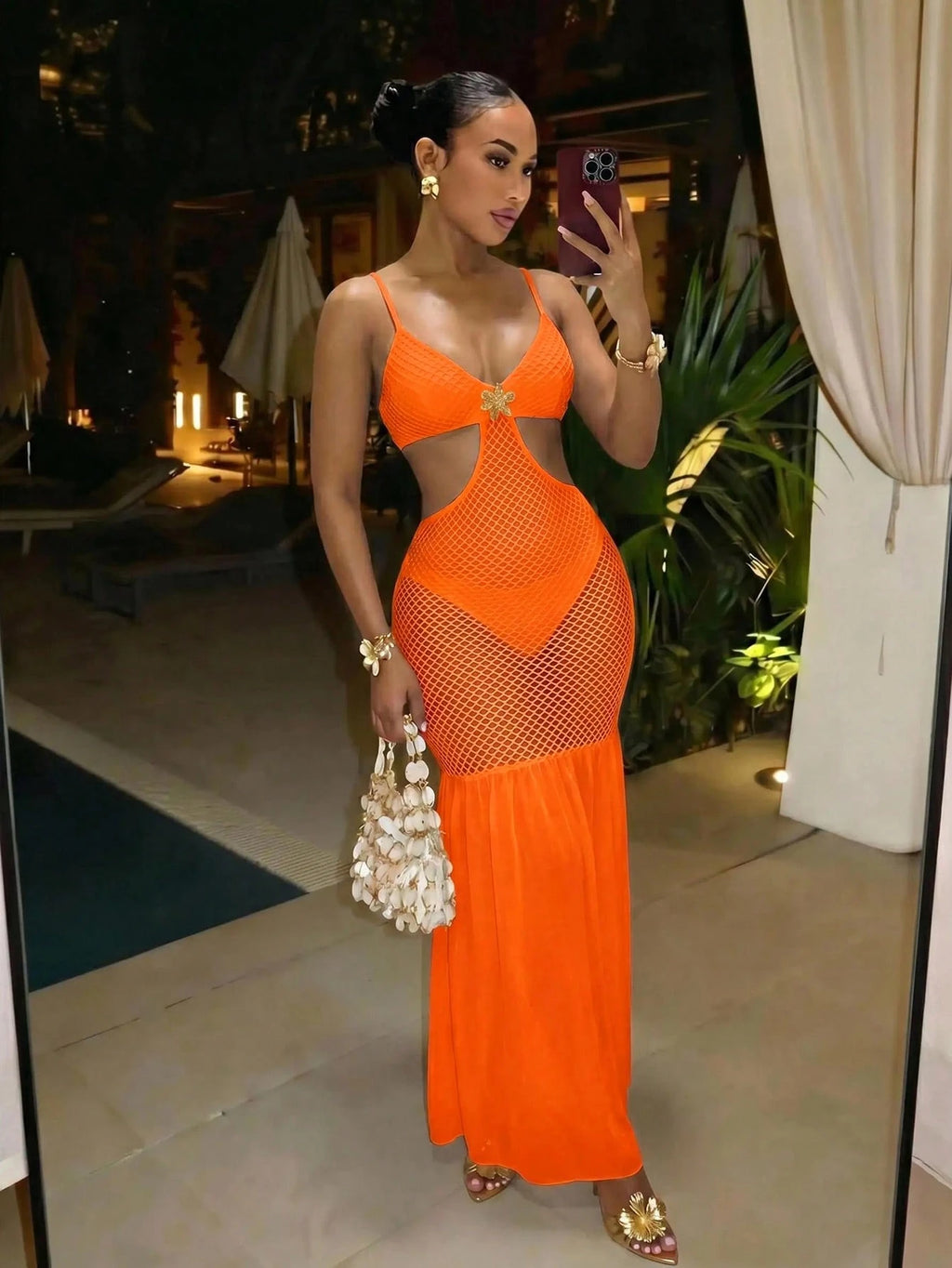 Slaydiva Strapless Deep V-Neck Long-Sleeved Orange Red Dress With
