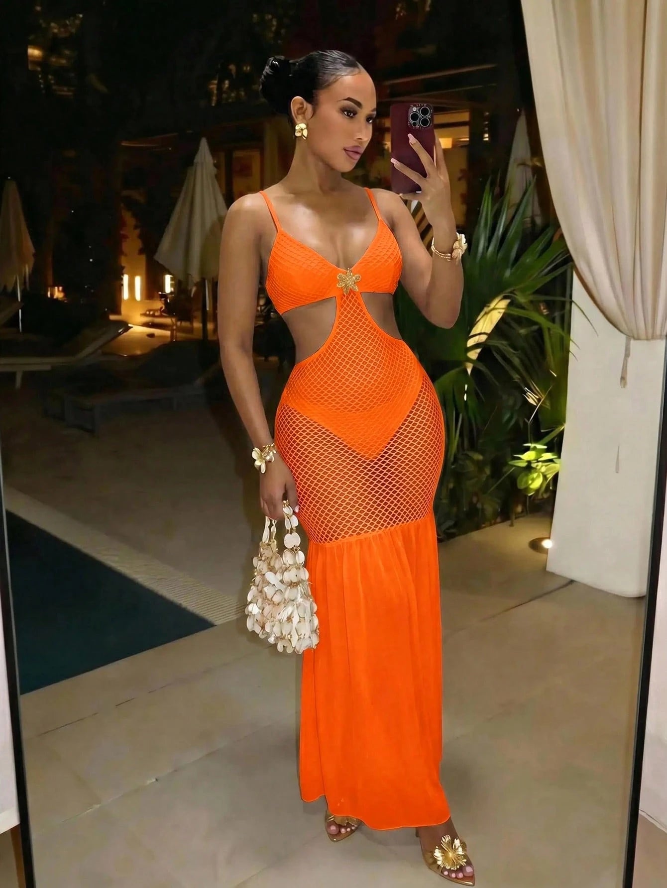 Slaydiva Strapless Deep V-Neck Long-Sleeved Orange Red Dress With