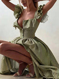 Pariaura Yellow Background White Striped Women's Summer Dress,