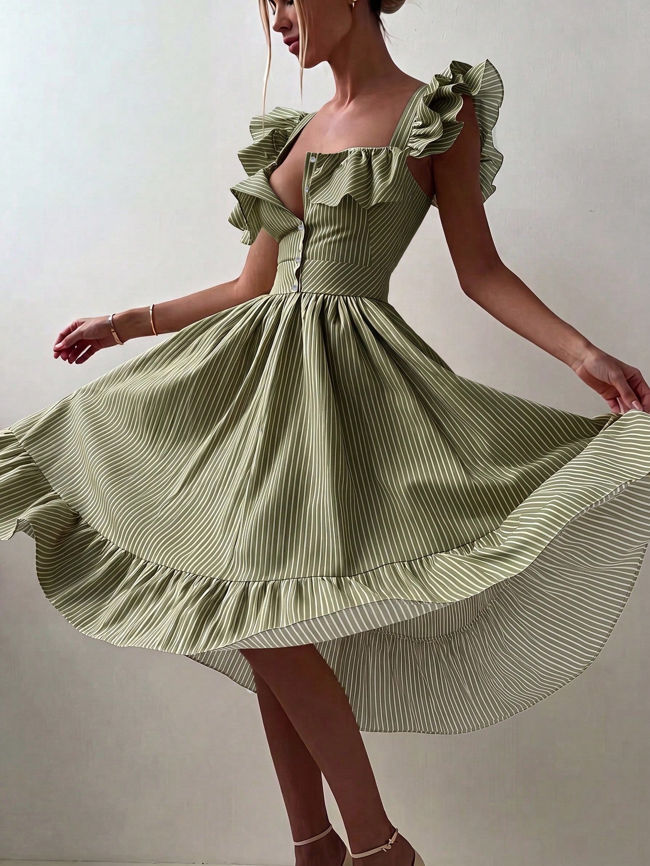 Pariaura Yellow Background White Striped Women's Summer Dress, Elegant Resort Wear, Chic Party Dress - image 3
