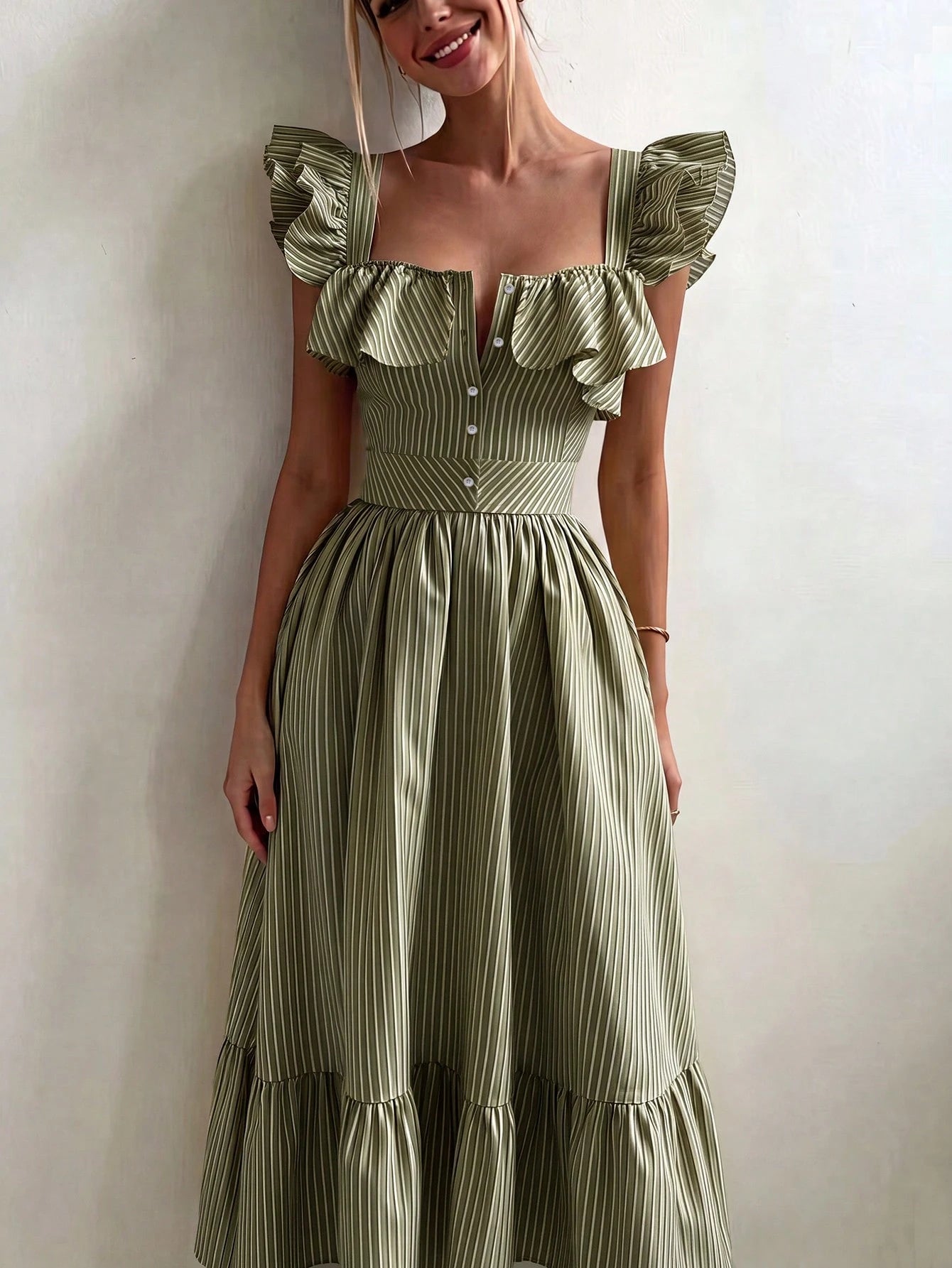 Pariaura Yellow Background White Striped Women's Summer Dress,
