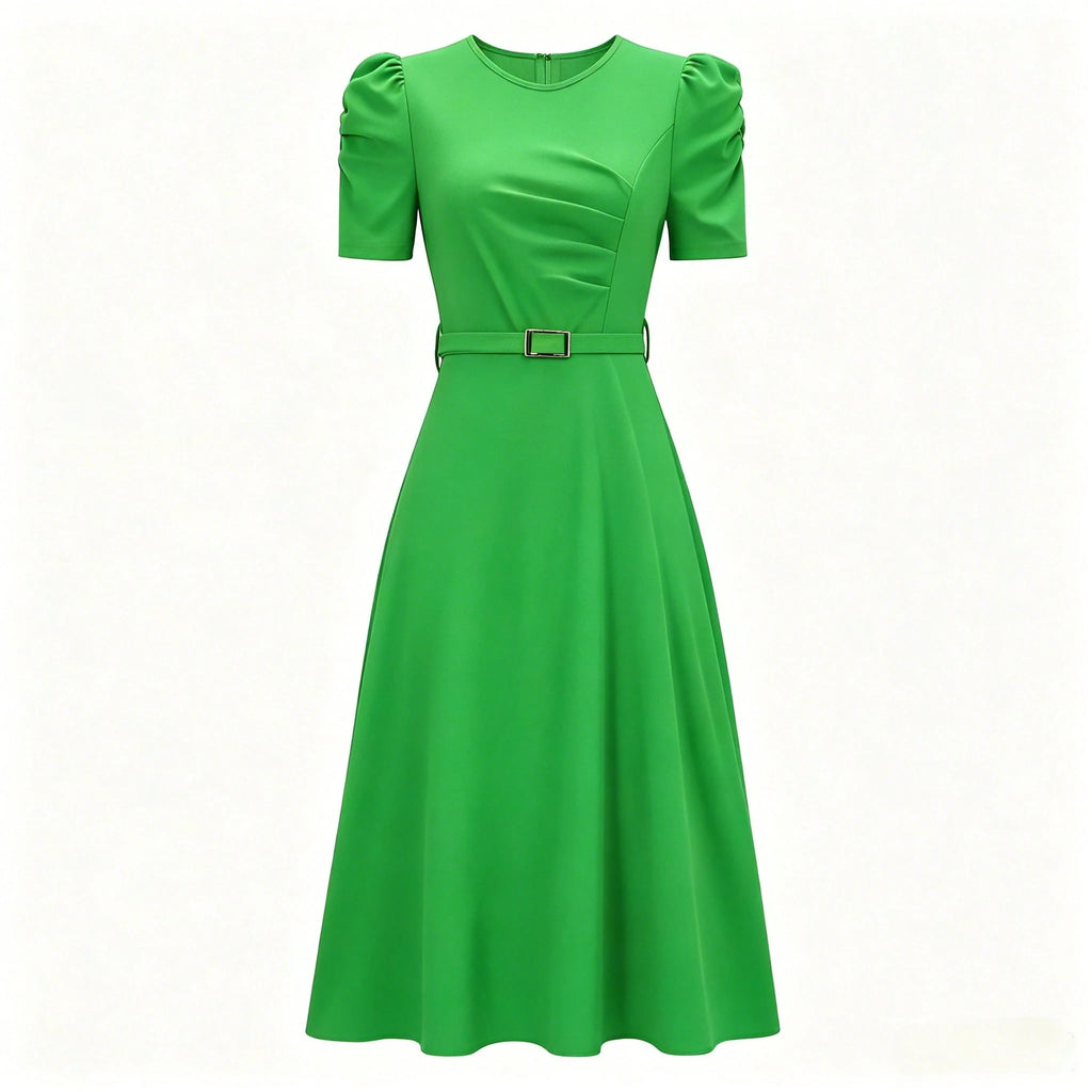 French Style Puff Sleeve Belted Midi Dress For Women - Elegant Crew