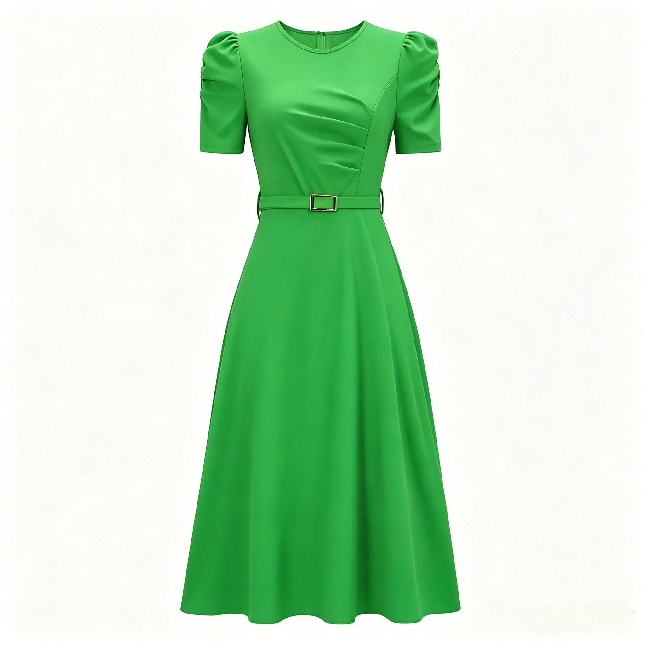 French Style Puff Sleeve Belted Midi Dress For Women - Elegant Crew