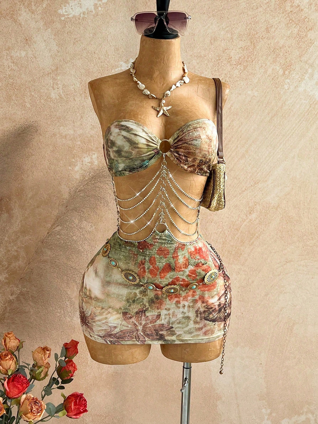Soleia Brown Floral Hollow-Out Halter Mini Dress, Boho Vacation Holiday Outfit,Tropical Print Rhinestone