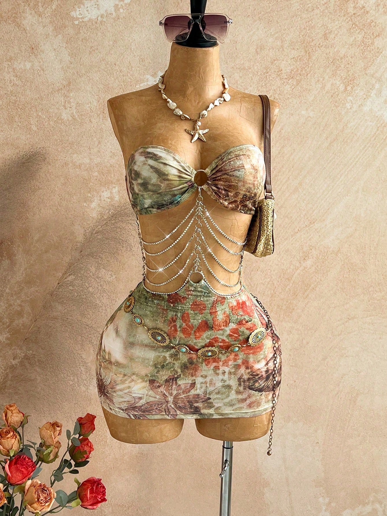 Soleia Brown Floral Hollow-Out Halter Mini Dress, Boho Vacation Holiday Outfit,Tropical Print Rhinestone