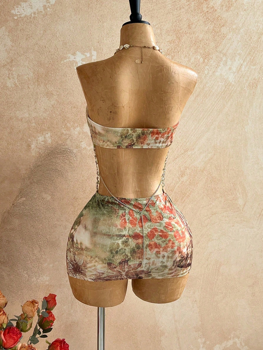 Soleia Brown Floral Hollow-Out Halter Mini Dress, Boho Vacation Holiday Outfit,Tropical Print Rhinestone - image 2