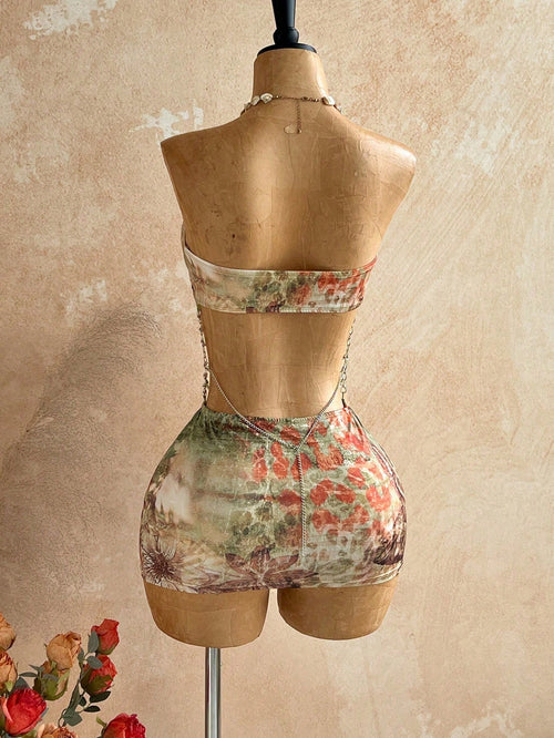 Soleia Brown Floral Hollow-Out Halter Mini Dress, Boho Vacation Holiday Outfit,Tropical Print Rhinestone - image 2