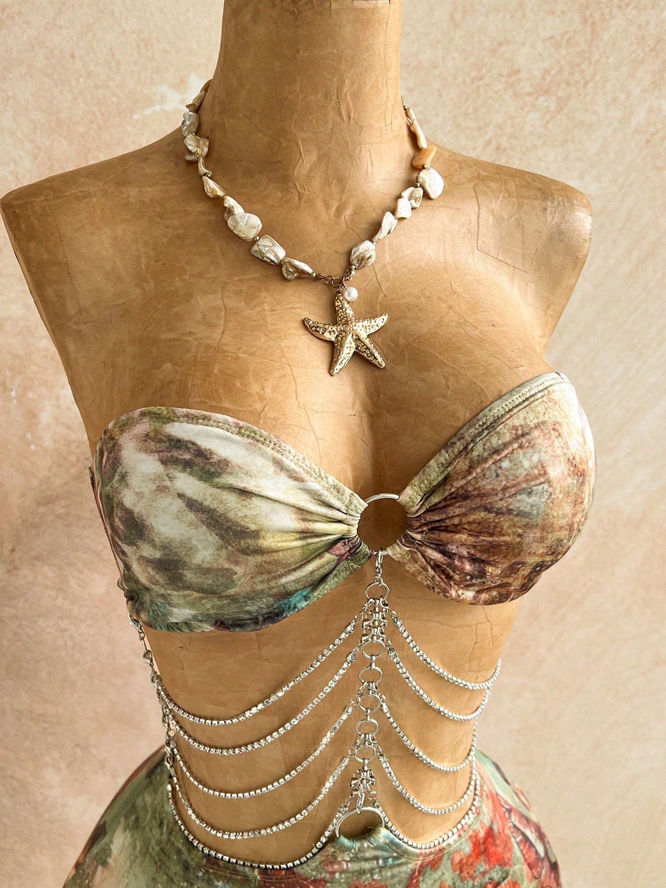 Soleia Brown Floral Hollow-Out Halter Mini Dress, Boho Vacation Holiday Outfit,Tropical Print Rhinestone - image 3