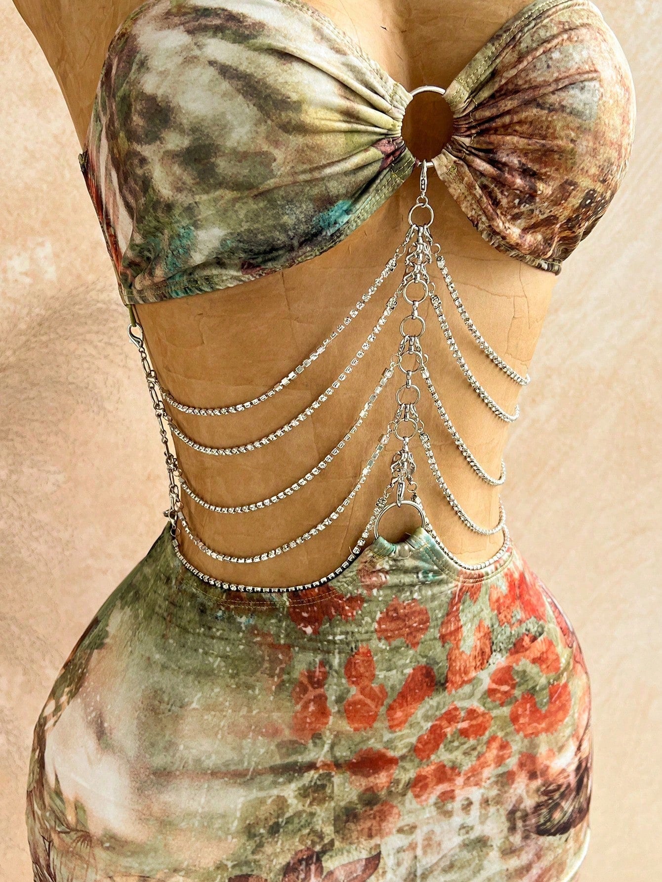 Soleia Brown Floral Hollow-Out Halter Mini Dress, Boho Vacation Holiday Outfit,Tropical Print Rhinestone - image 4