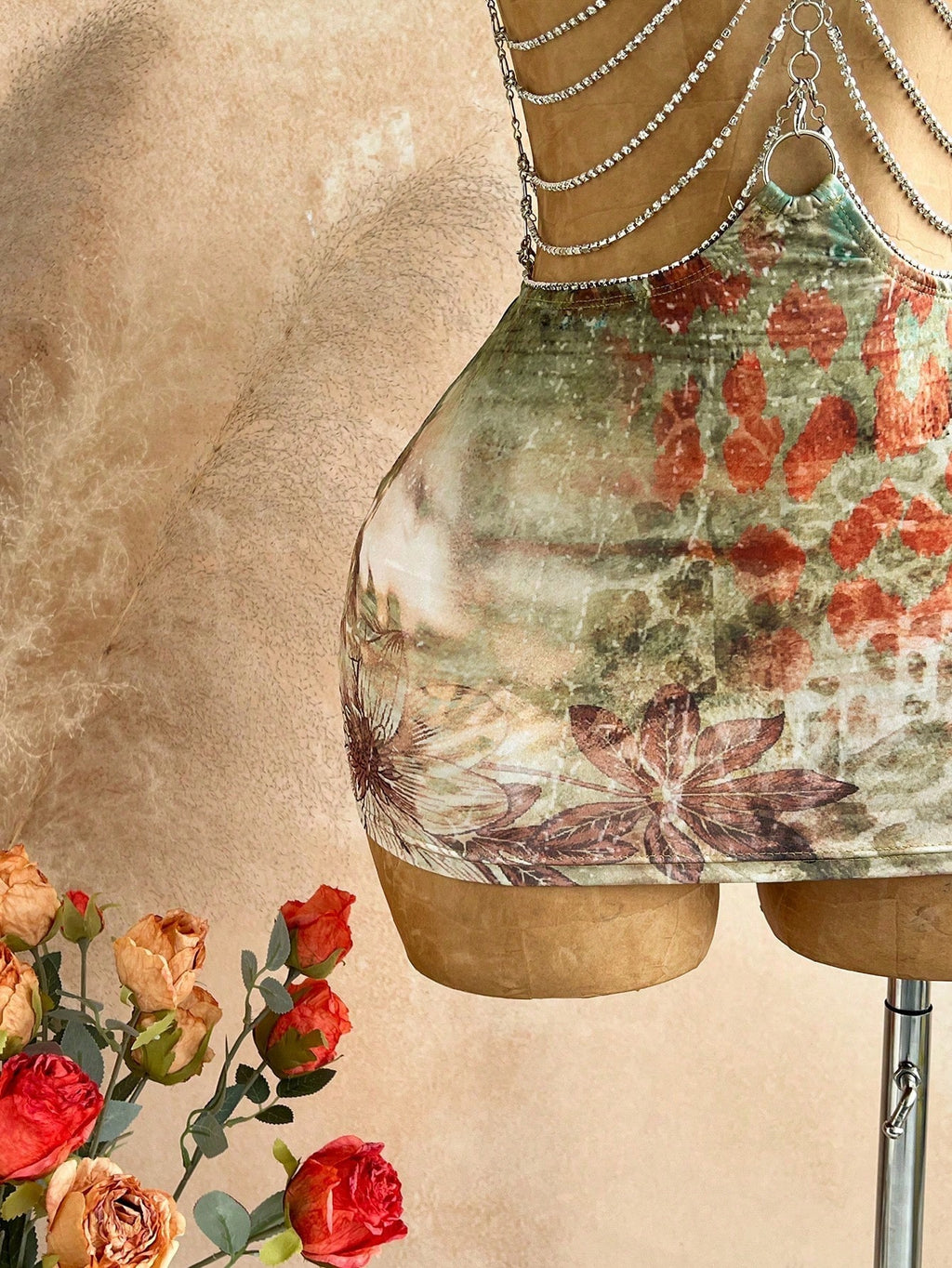 Soleia Brown Floral Hollow-Out Halter Mini Dress, Boho Vacation Holiday Outfit,Tropical Print Rhinestone - image 5