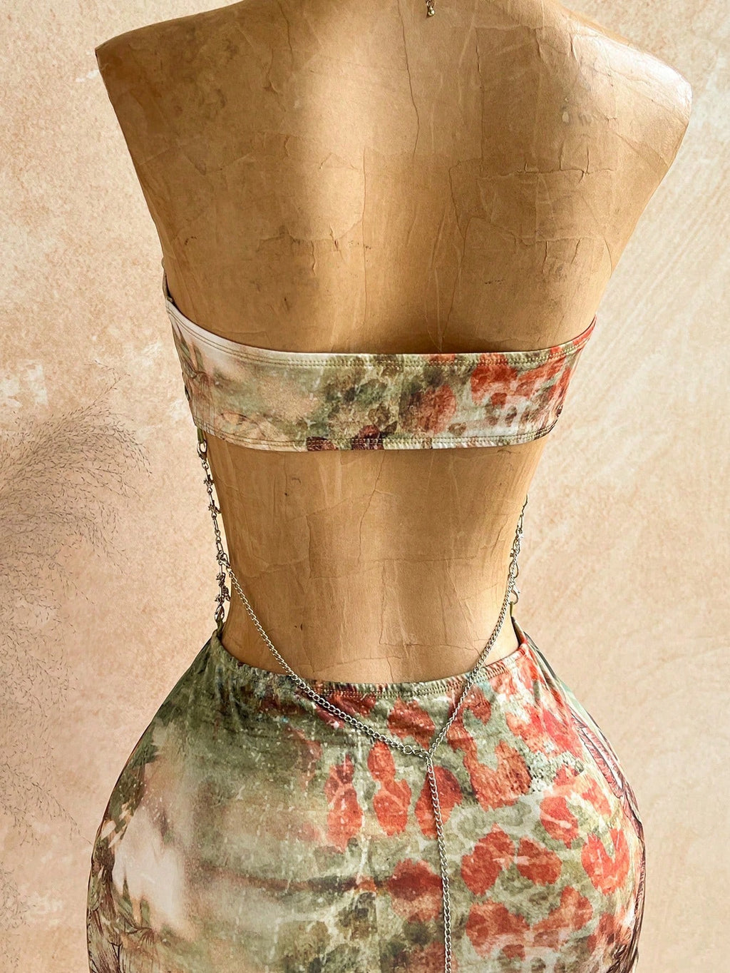 Soleia Brown Floral Hollow-Out Halter Mini Dress, Boho Vacation Holiday Outfit,Tropical Print Rhinestone - image 6