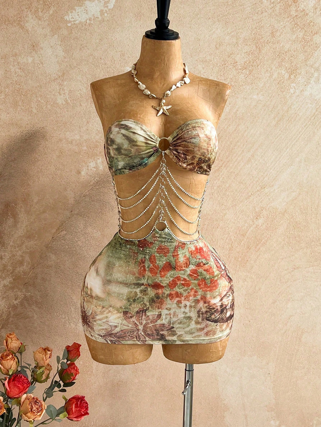 Soleia Brown Floral Hollow-Out Halter Mini Dress, Boho Vacation Holiday Outfit,Tropical Print Rhinestone - image 7