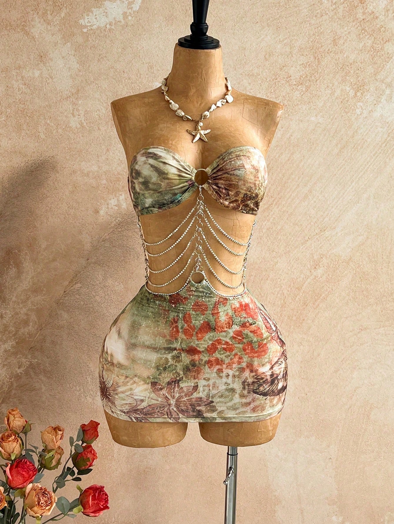 Soleia Brown Floral Hollow-Out Halter Mini Dress, Boho Vacation Holiday Outfit,Tropical Print Rhinestone - image 7
