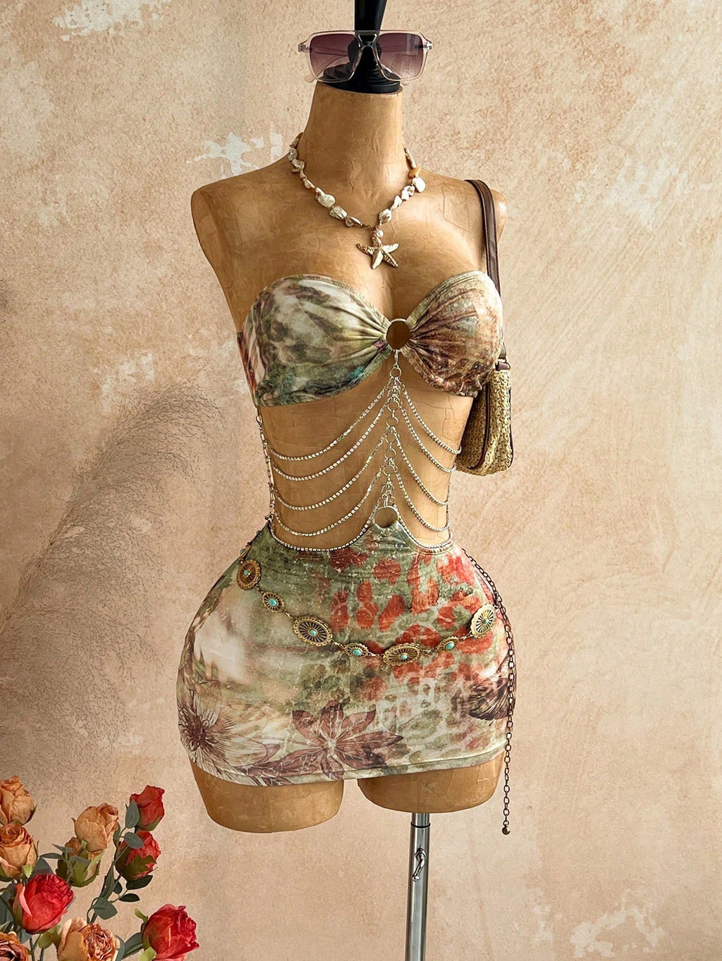 Soleia Brown Floral Hollow-Out Halter Mini Dress, Boho Vacation Holiday Outfit,Tropical Print Rhinestone - image 9