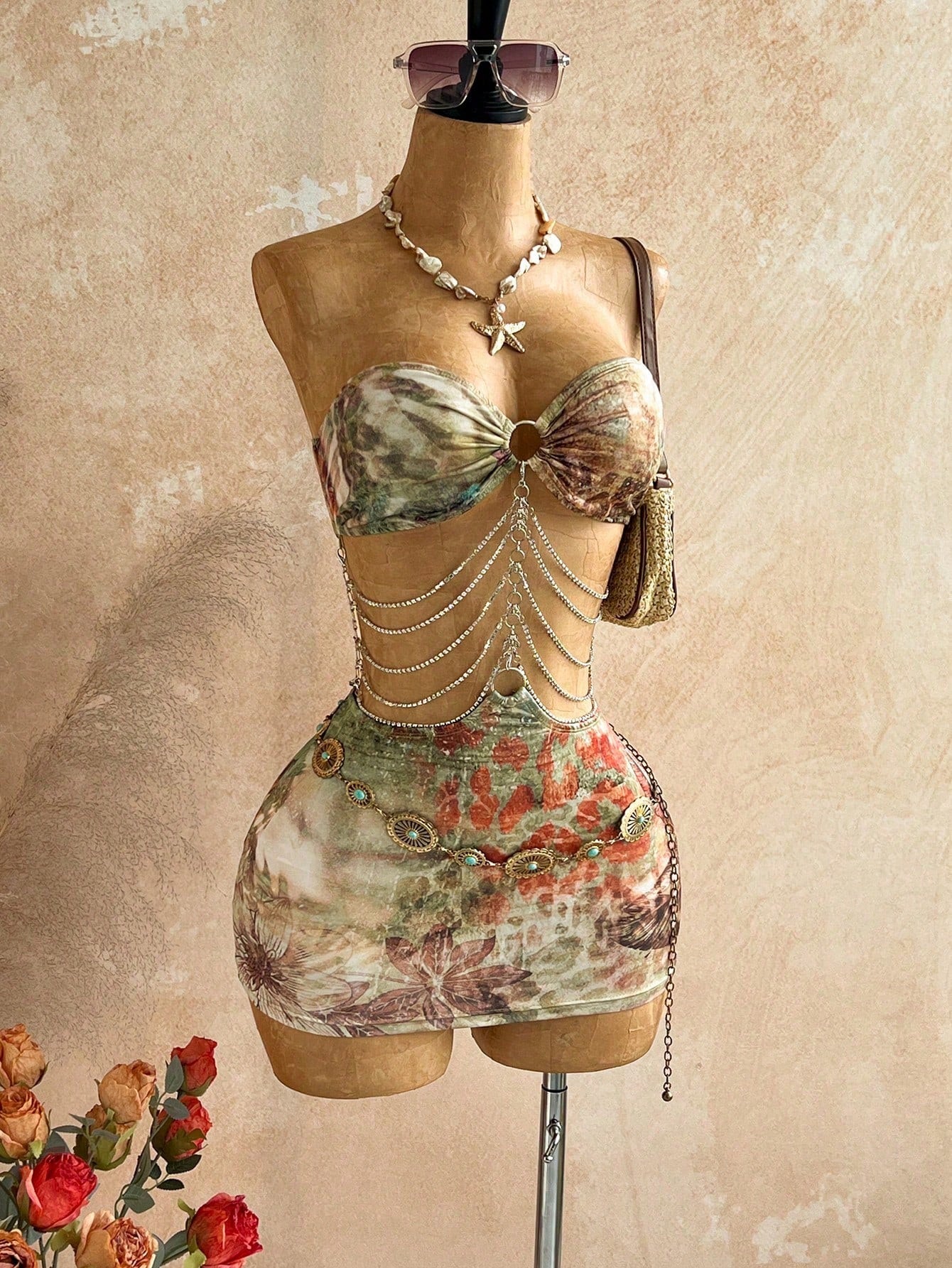 Soleia Brown Floral Hollow-Out Halter Mini Dress, Boho Vacation Holiday Outfit,Tropical Print Rhinestone - image 9