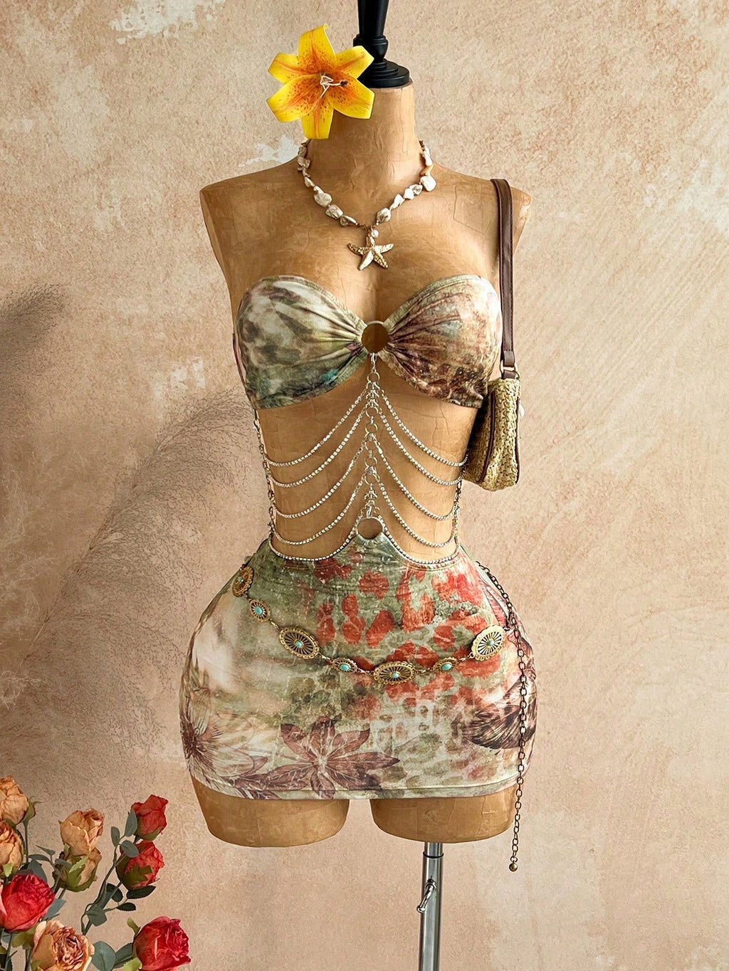 Soleia Brown Floral Hollow-Out Halter Mini Dress, Boho Vacation Holiday Outfit,Tropical Print Rhinestone - image 10