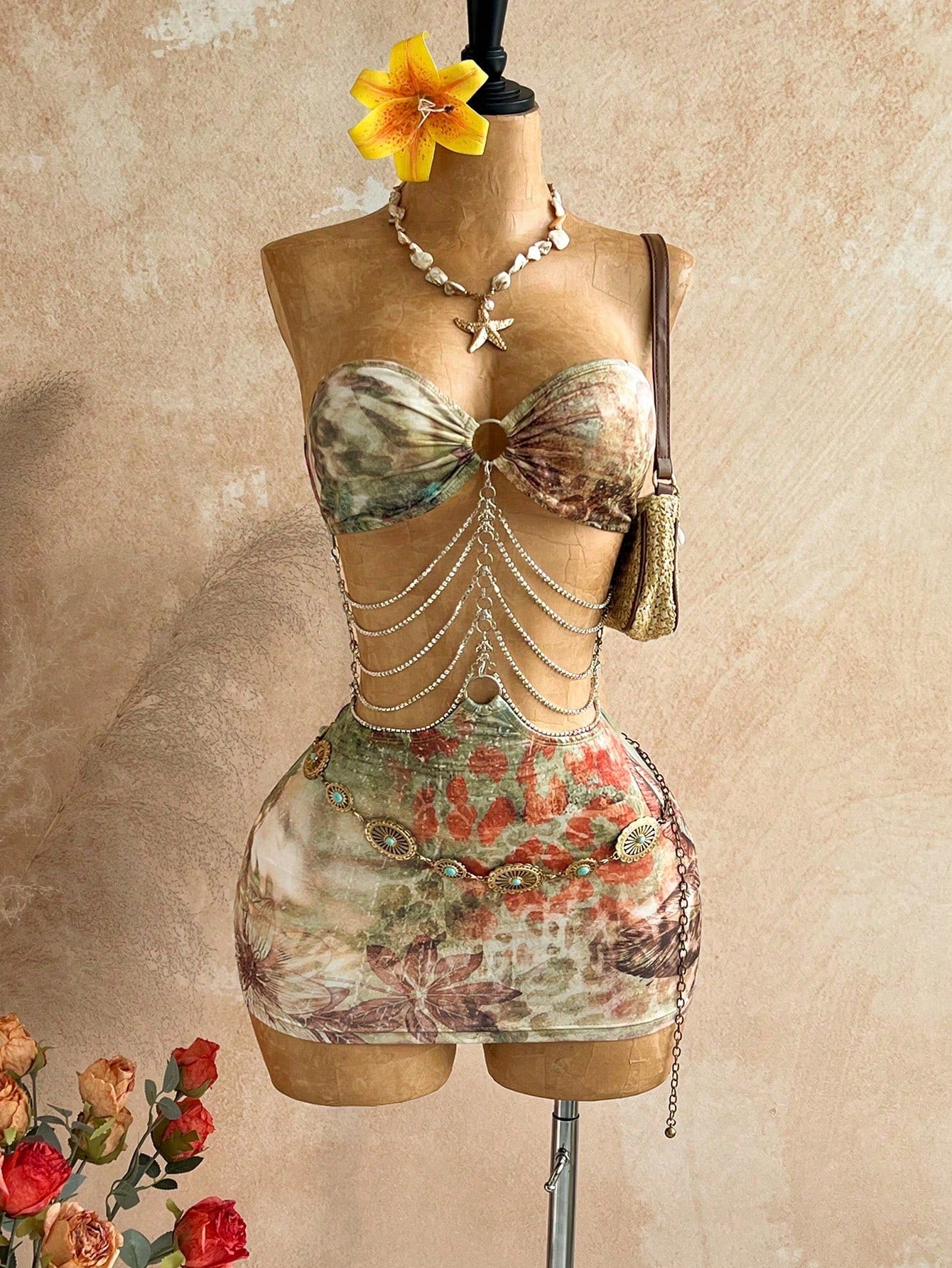 Soleia Brown Floral Hollow-Out Halter Mini Dress, Boho Vacation Holiday Outfit,Tropical Print Rhinestone - image 10