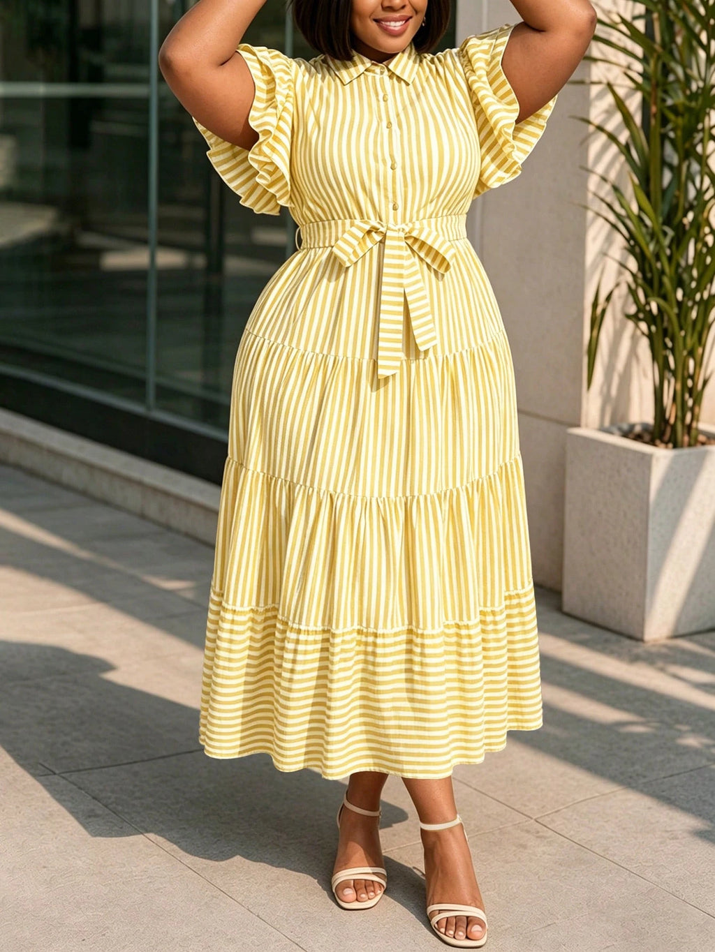NOU Women's Long Dress With Formal Collar, Front Button Closure,