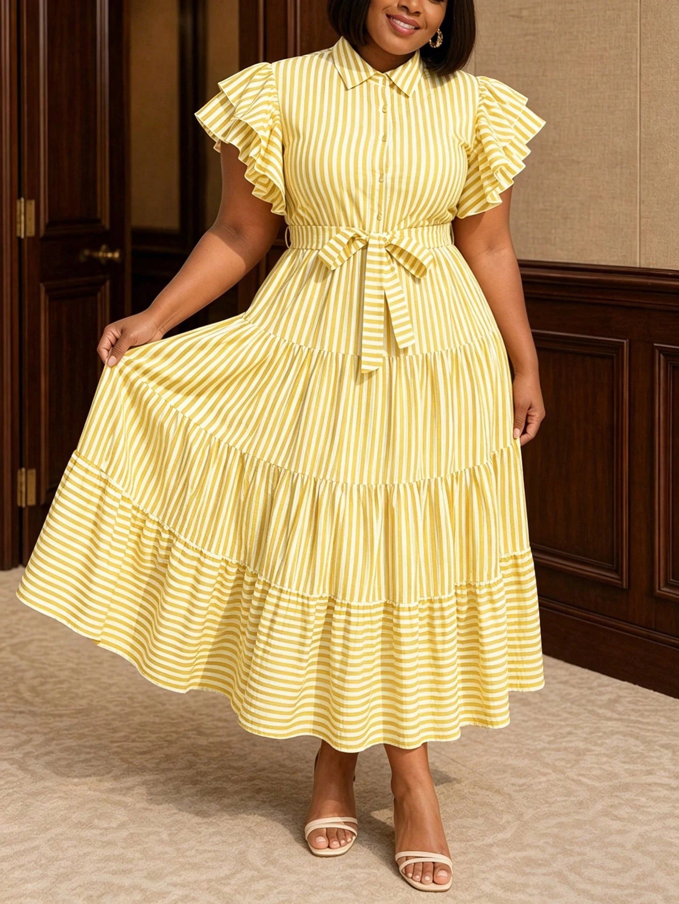 NOU Women's Long Dress With Formal Collar, Front Button Closure,