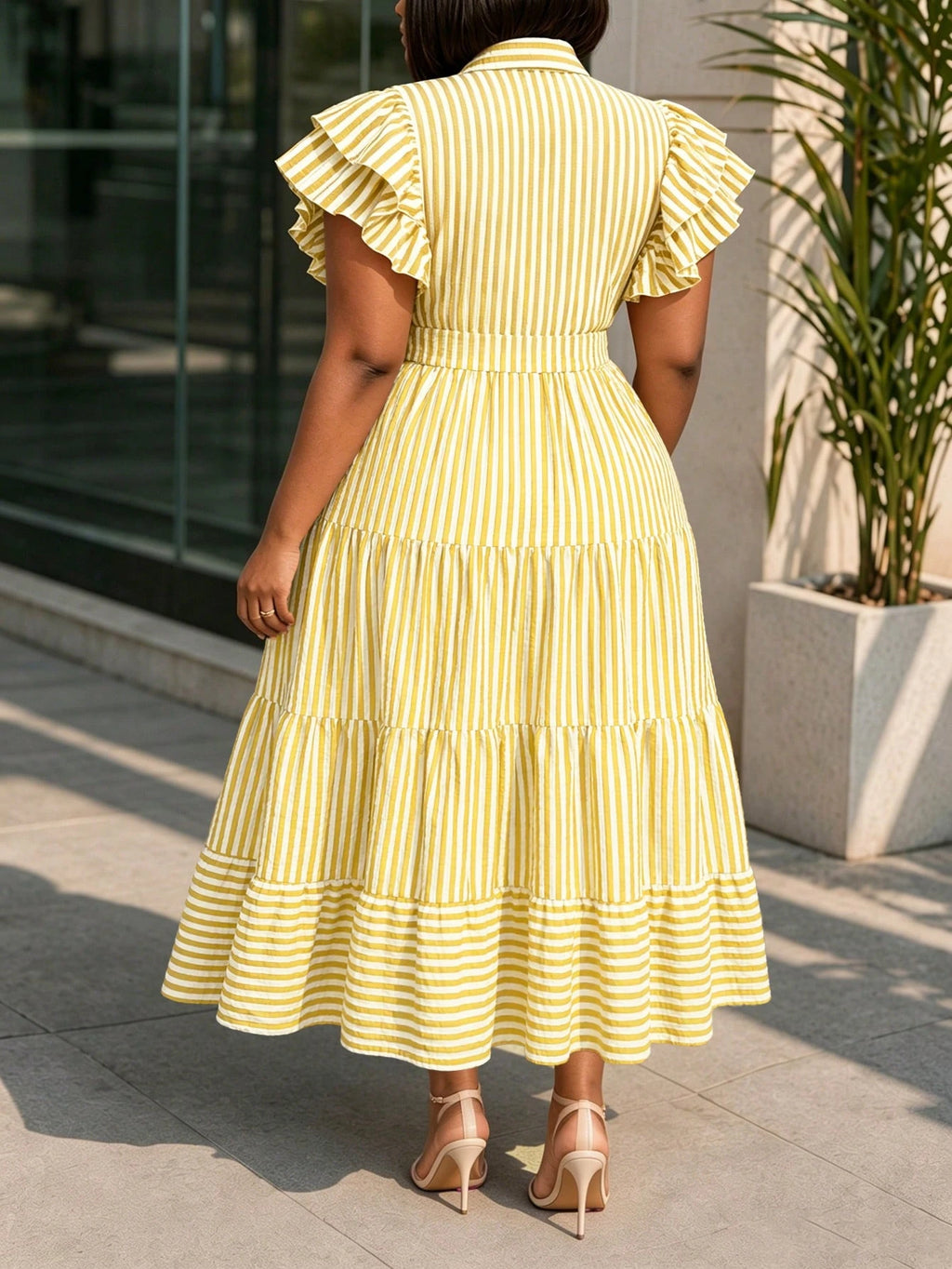NOU Women's Long Dress With Formal Collar, Front Button Closure,
