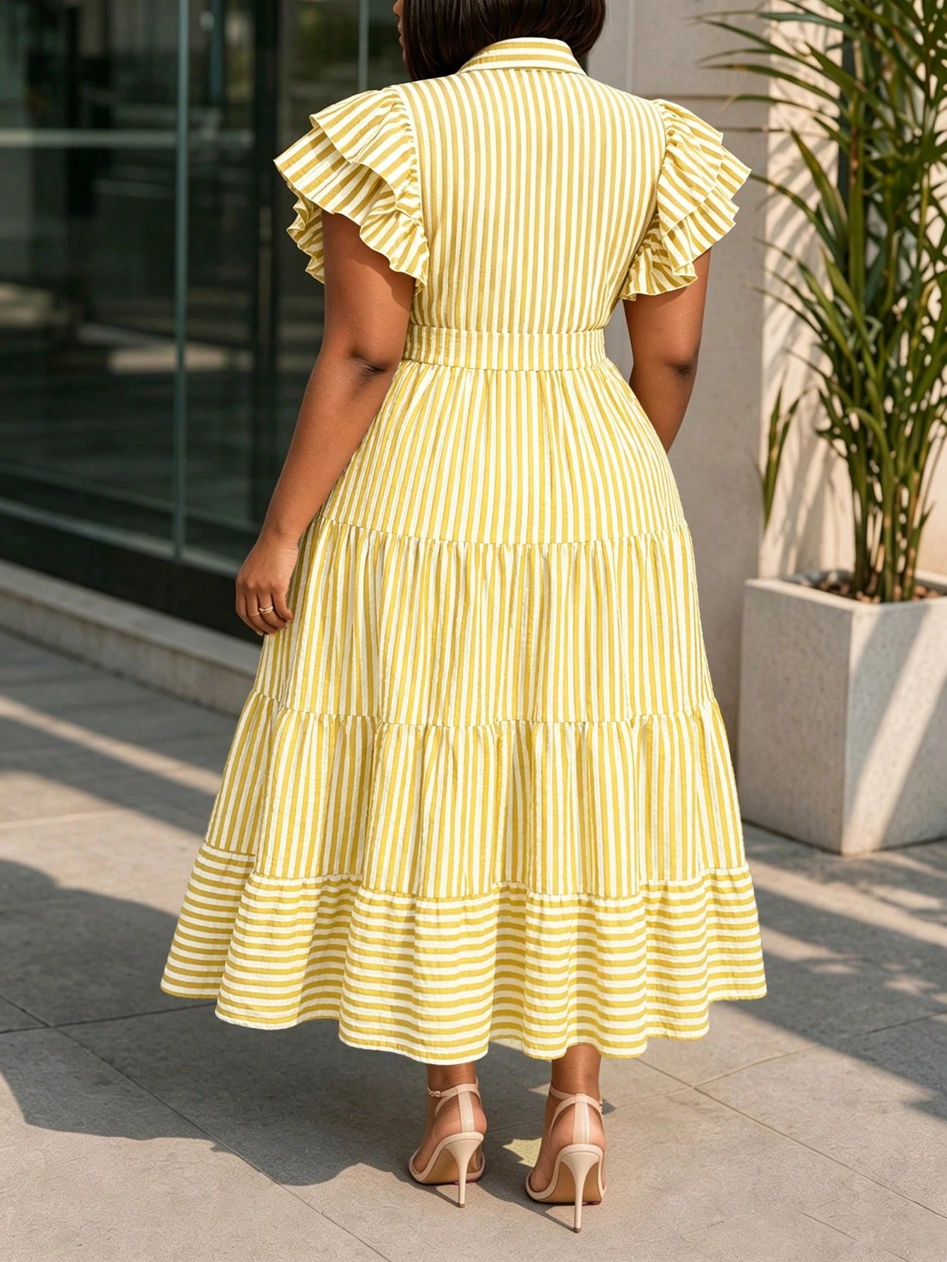NOU Women's Long Dress With Formal Collar, Front Button Closure,