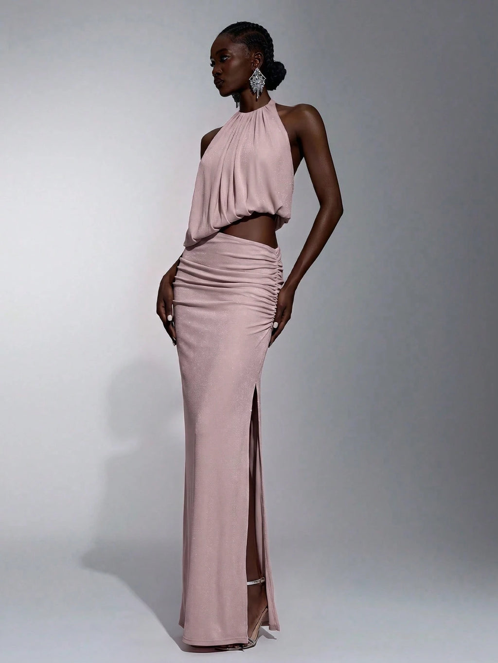 Elitara Elegant Light Blue Glossy Knit Mesh Draped Neck Tie, Flowy Front Plunge Neckline, Sexy Cutout Sides,