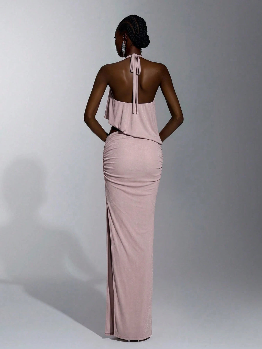 Elitara Elegant Light Blue Glossy Knit Mesh Draped Neck Tie, Flowy Front Plunge Neckline, Sexy Cutout Sides, - image 2