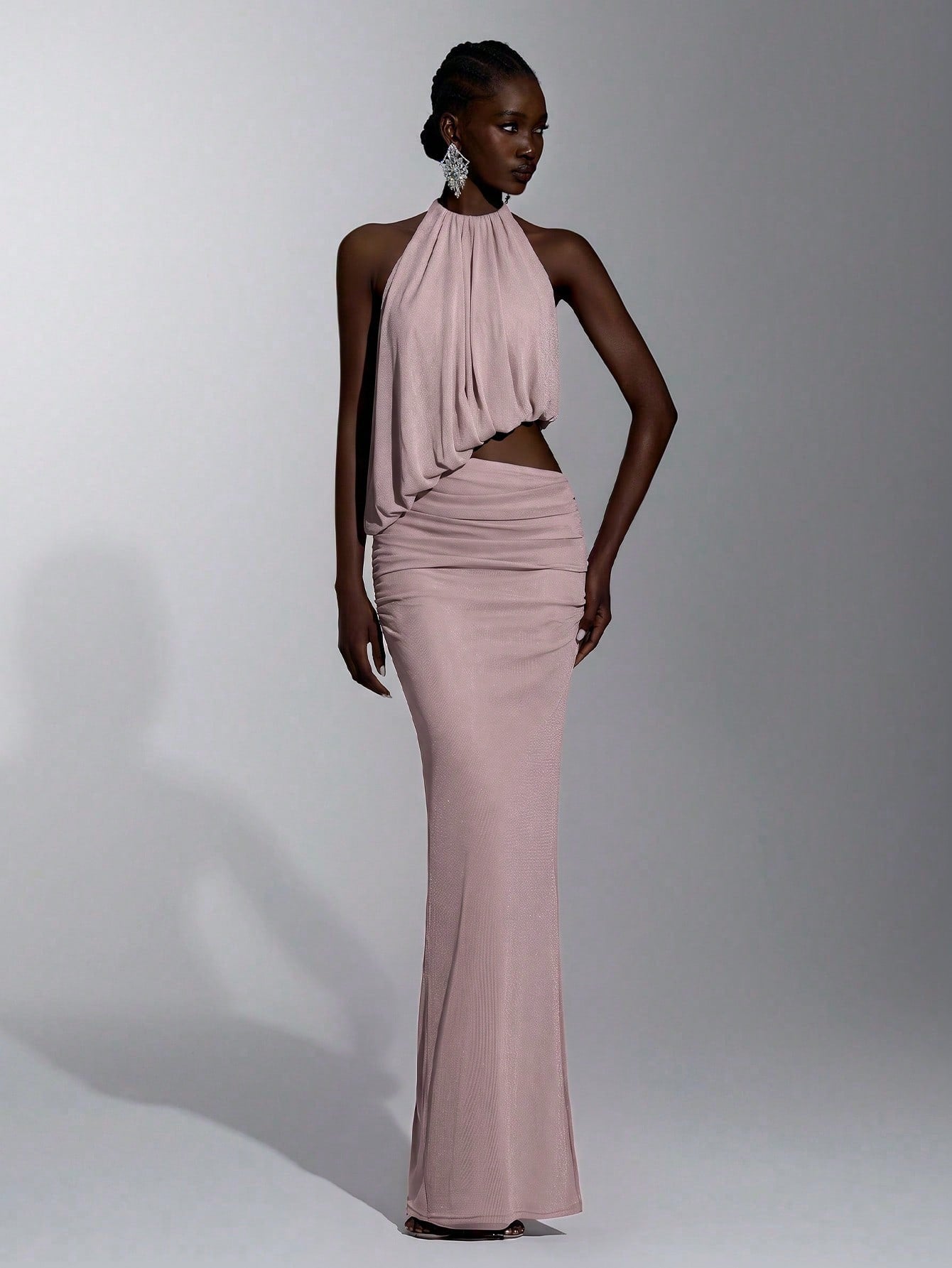Elitara Elegant Light Blue Glossy Knit Mesh Draped Neck Tie, Flowy Front Plunge Neckline, Sexy Cutout Sides, - image 4