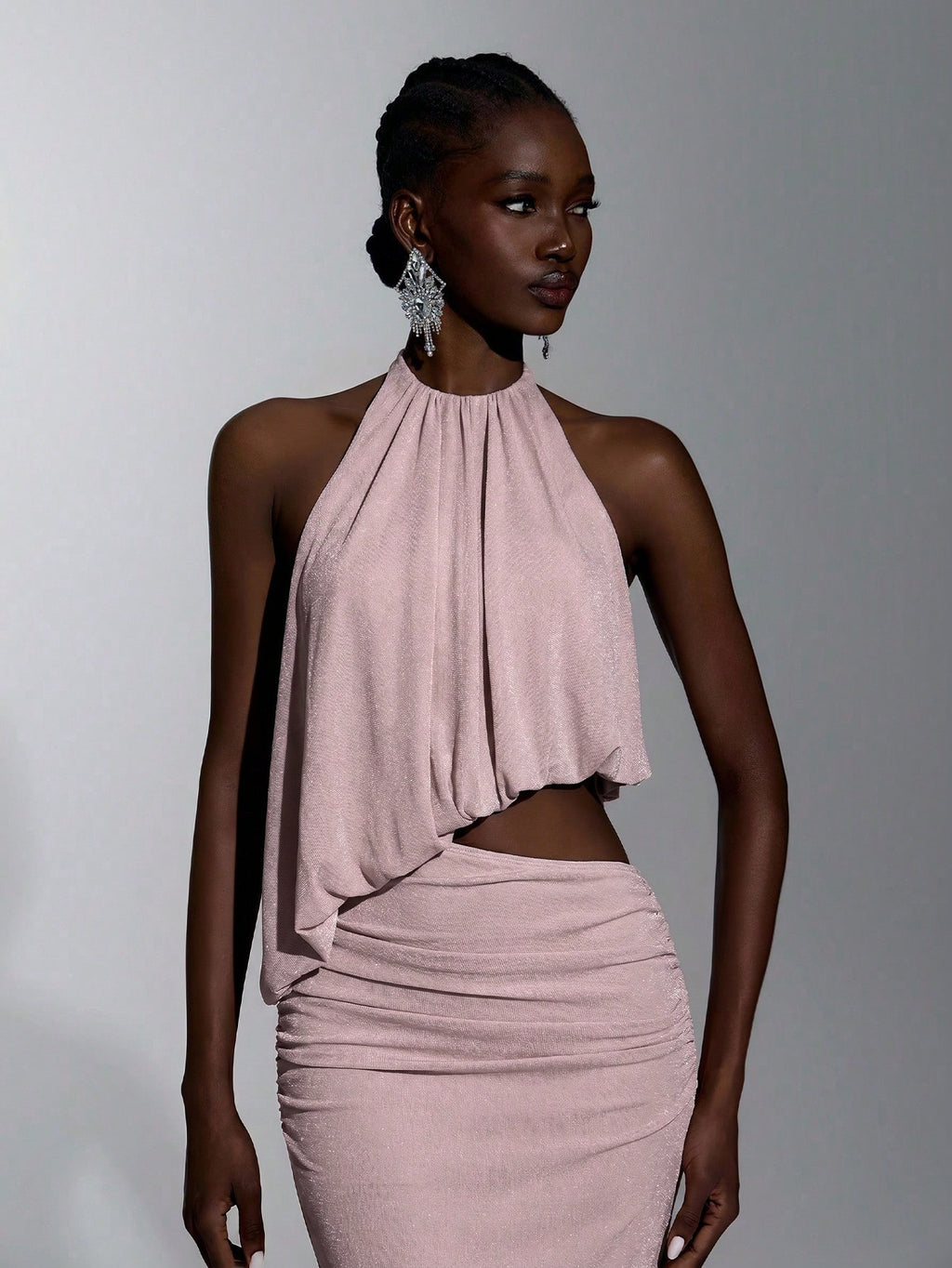 Elitara Elegant Light Blue Glossy Knit Mesh Draped Neck Tie, Flowy Front Plunge Neckline, Sexy Cutout Sides, - image 5
