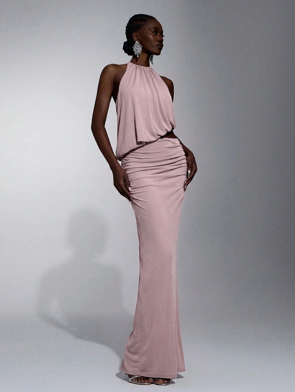 Elitara Elegant Light Blue Glossy Knit Mesh Draped Neck Tie, Flowy Front Plunge Neckline, Sexy Cutout Sides, - image 6