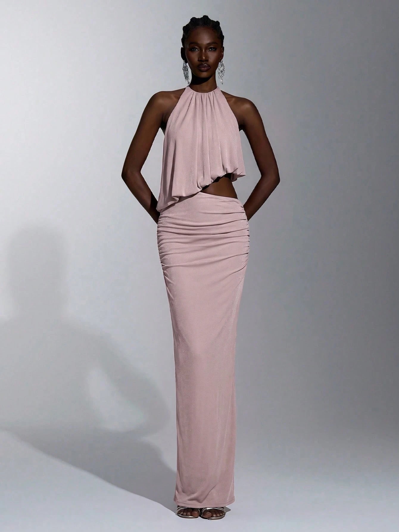 Elitara Elegant Light Blue Glossy Knit Mesh Draped Neck Tie, Flowy Front Plunge Neckline, Sexy Cutout Sides, - image 7