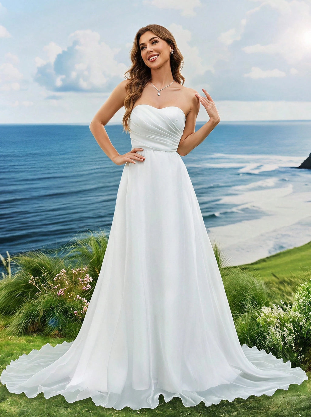 Elasola French Pleated Bodice Tulle Train Wedding Dress White Elegant Bridal Dress,Bride Spring