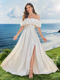 Elasola White Off-Shoulder Ruched Waist Fitted A-Line Hem Wedding Dress, Bridal Gown, All White Party Dress